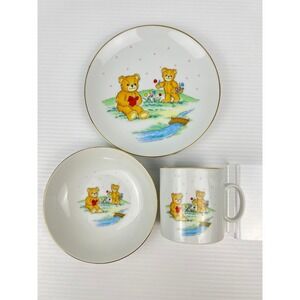 Vintage Japan Teddy Bear Childrens Ceramic Dish Set Plate Bowl Mug Gold Rim